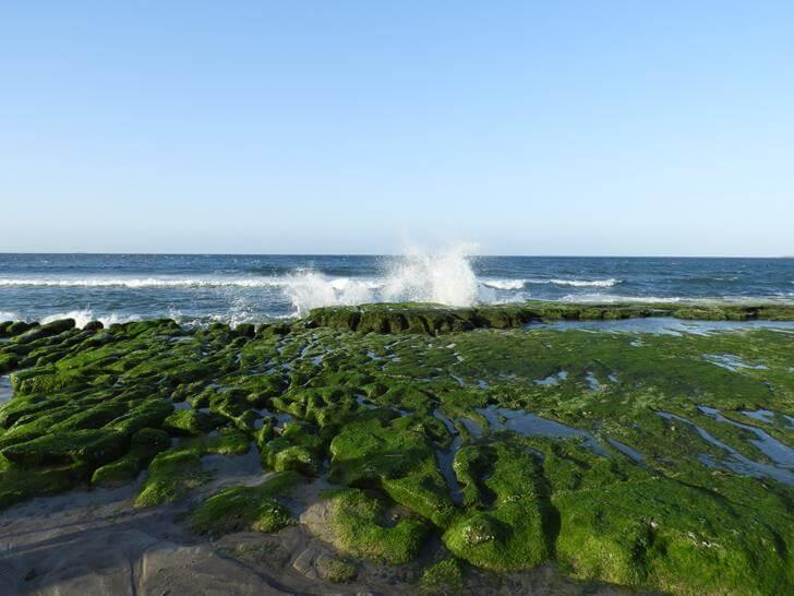 海浪打在綠石槽上真美